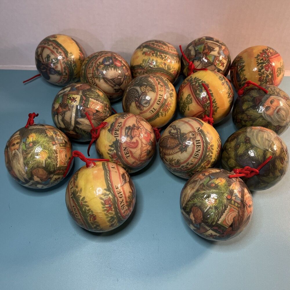 VTG Decoupage Paper Mache Christmas Ornaments Lot Of 15 Victorian Santa Balls